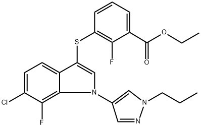 حمض البنزويك ، 3- [[6- كلورو -7- فلورو -1- (1- بروبيل -1 H-pyrazol -4- yl) { {8}} H-indol -3- yl] thio] -2- fluoro-، Ethyl Ester (ACI) CAS No: 1782070-73-8