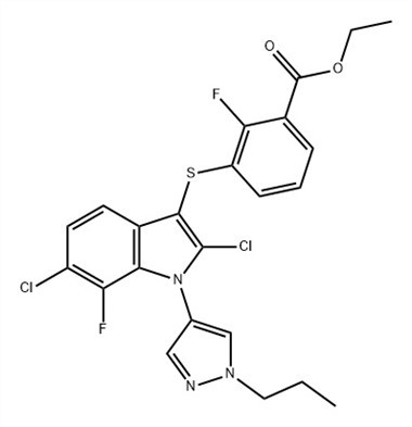 حمض البنزويك ، 3- [[2، 6- ثنائي كلورو -7- فلورو -1- (1- بروبيل -1 H-pyrazol -4- yl ) -1 H-indol -3- yl] thio] -2- fluoro-، Ethyl Ester (ACI) CAS No: 1782070-79-4
